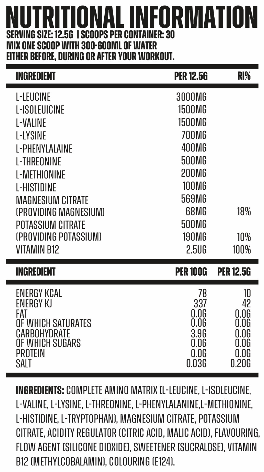 COMPLETE AMINO - Neutrition Information