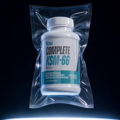 Supplement bottle labeled 'Complete KSM-66' in a clear package on a dark background