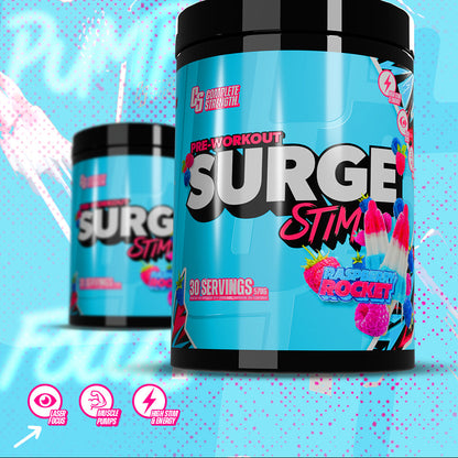 Pre-workout supplement container labeled 'Surge Stim' on a colorful background
