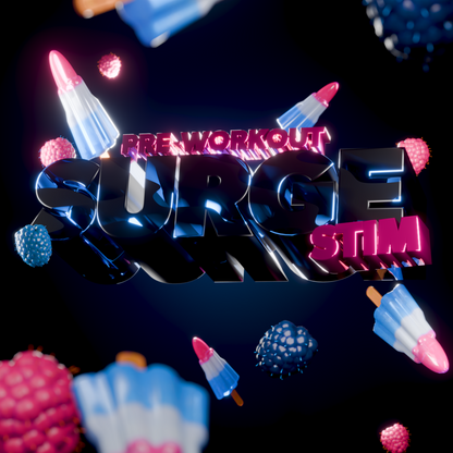 Neon 'Surge Stim' text with colorful graphics on a dark background
