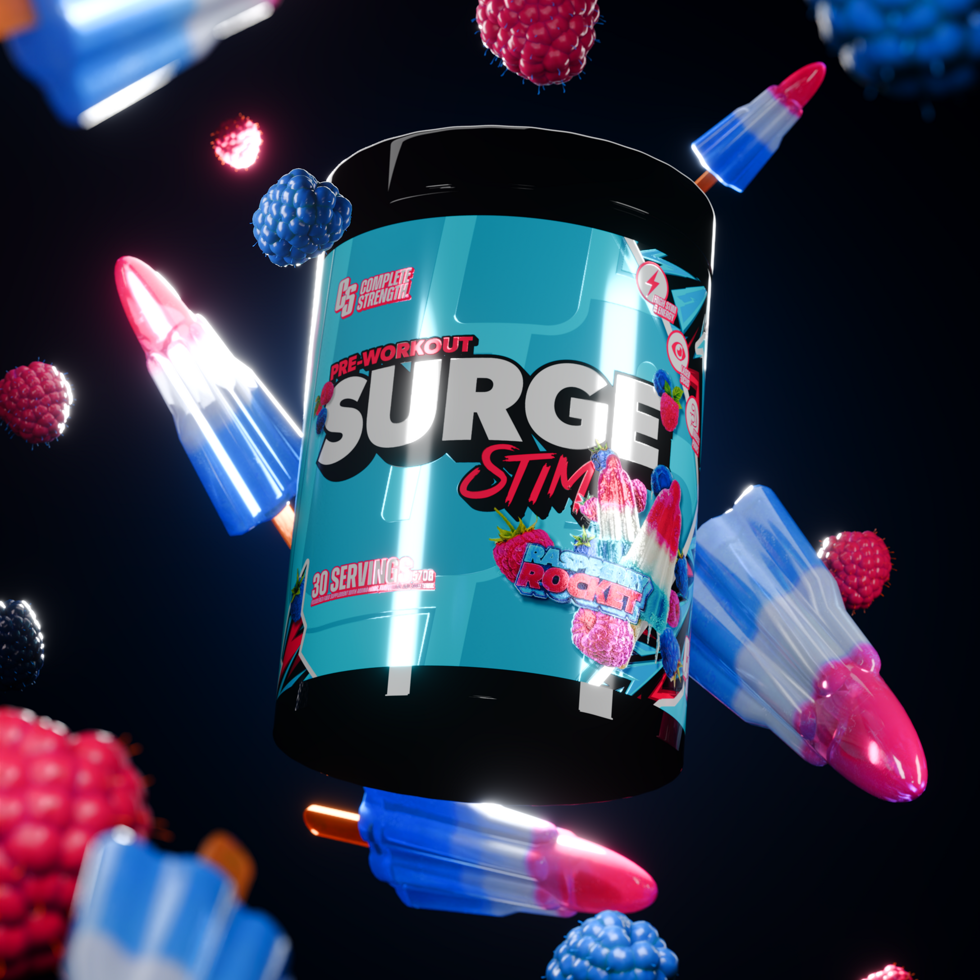 Supplement container labeled 'Surge Stim' with colorful graphics on a dark background